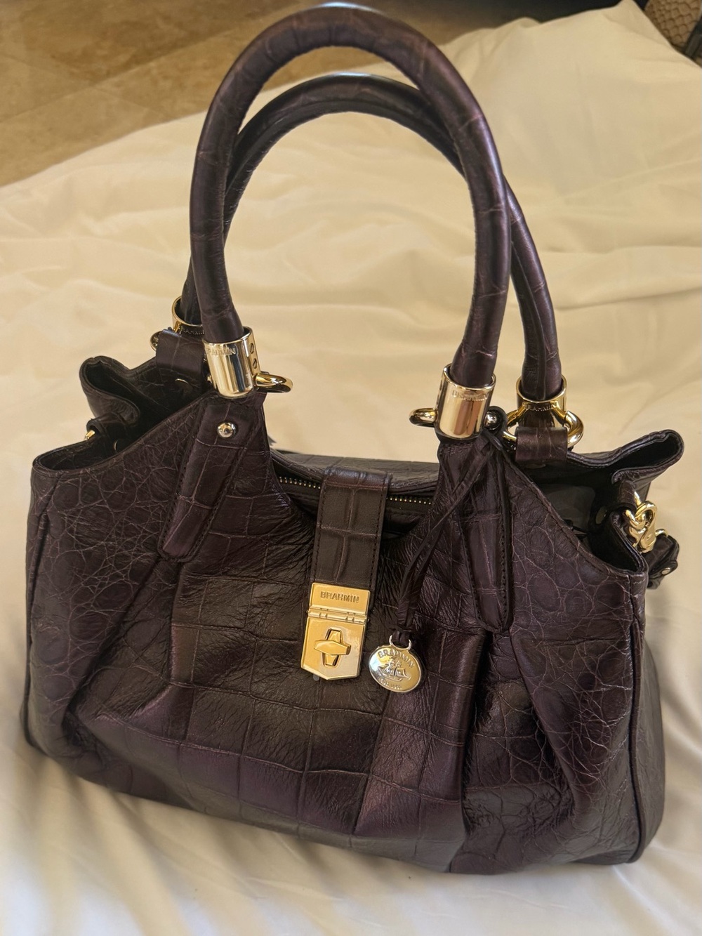 Brahmin
Structured Croc-Embossed Satchel Handbag - Brown